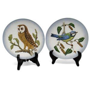 GOEBEL Wildlife PORCELAIN Plates Barn Owl And Blue Titmouse 1970s Germany Vintag